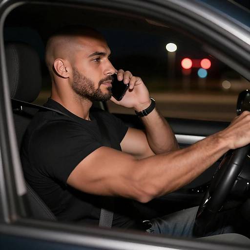 Man Driving Car and Talking on Phone at Night