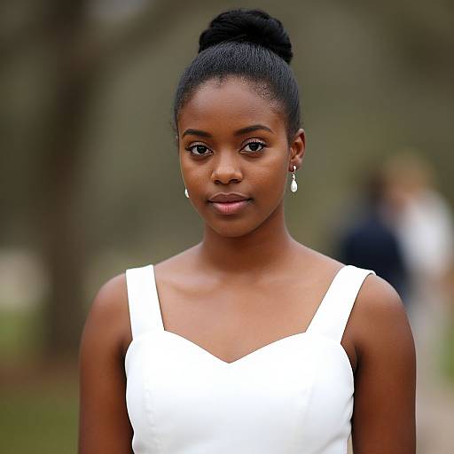 Photograph of a young Black woman with a high bun, wearing a white sleeveless dress and silver earrings, standing outdoors with a blurred green background.