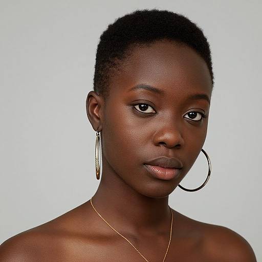Photograph of a dark-skinned African woman with short, natural hair, wearing a gold hoop earring and necklace, against a plain white background.