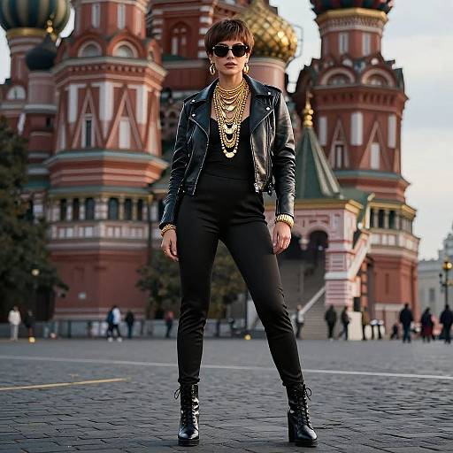 Photograph of a stylish woman with short brown hair, wearing black leather jacket, multiple gold necklaces, black pants, and boots, standing in front
