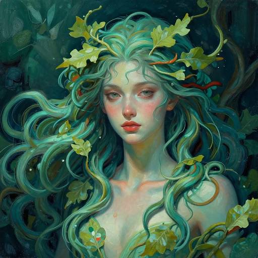 Digital painting of a fair-skinned, ethereal woman with flowing green hair adorned with yellow leaves, against a dark, leafy background.