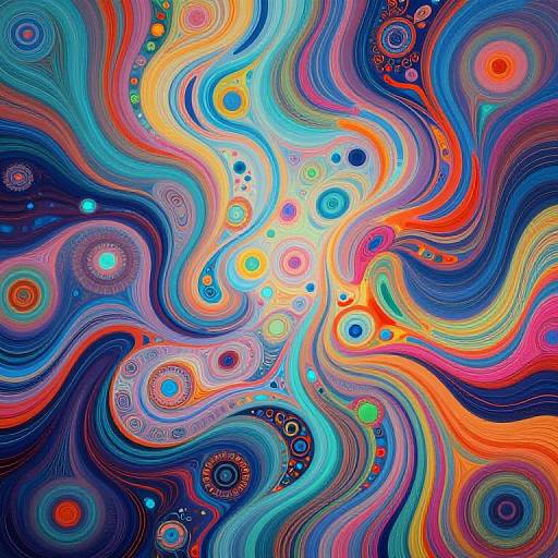 Vibrant abstract digital art with swirling, wavy lines in vivid blues, oranges, reds, and yellows, featuring circular patterns and bright