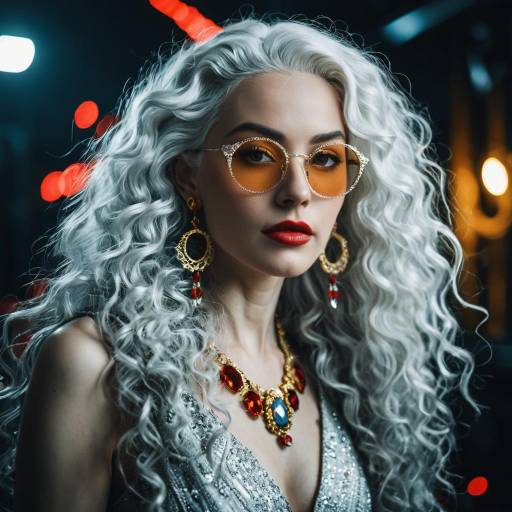 Fashion Portrait of Woman with Silver Curly Hair and Golden Glasses