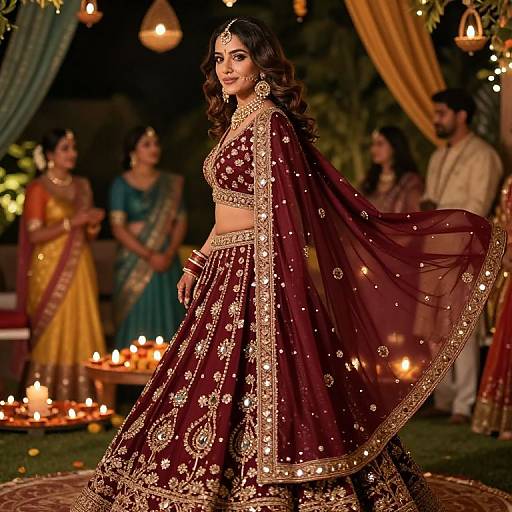 Photograph of a beautiful Indian woman in a maroon bridal lehenga with gold embroidery, standing in a night-time outdoor celebration surrounded by lit candles and