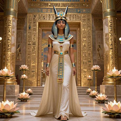 Photograph of a Black woman in an Egyptian-themed dress, headpiece, and jewelry, standing in an ornate, lit temple with lotus flowers