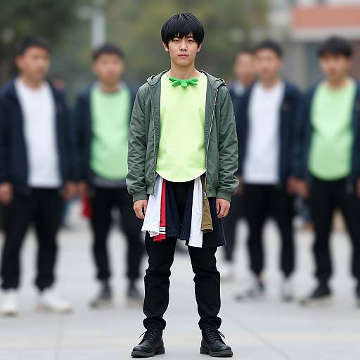 Photograph of an Asian male model in a green jacket, neon yellow shirt, black pants, and black shoes, with blurred background of similarly dressed men