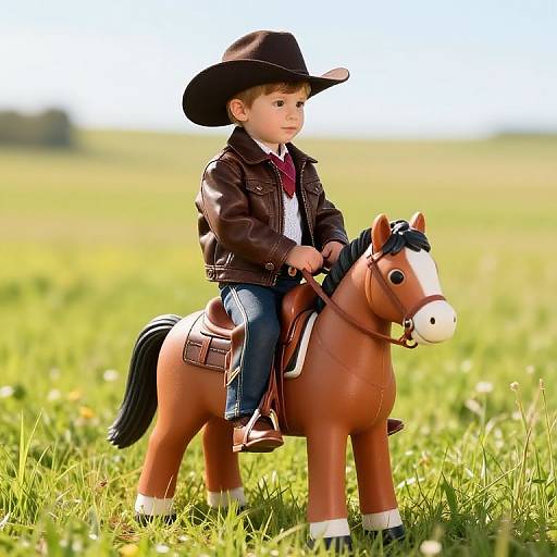 Photograph of a young Caucasian boy in cowboy attire, black hat, brown jacket, riding a brown toy horse in a sunny grassy field.