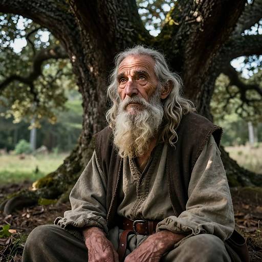 Photograph of an elderly man with a long white beard, wearing a brown vest and gray shirt, sitting under a large tree in a forest. Sun