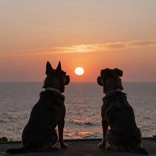 Silhouetted Dogs Watching Sunset Over Ocean