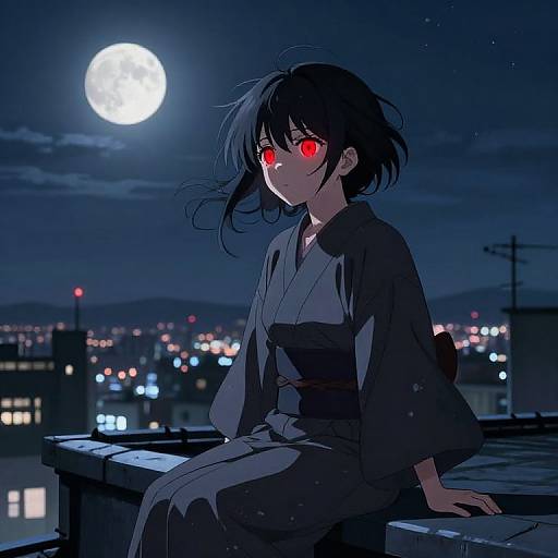 Anime-style digital drawing: Black-haired girl with glowing red eyes sits on rooftop at night, full moon overhead, city lights below.