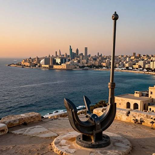Photograph of a sunlit cityscape with a black anchor sculpture on a stone terrace overlooking a calm blue sea and modern skyline.