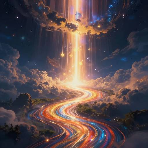 Digital art: radiant light beam cascades from sky, illuminating swirling, multicolored light trails through clouds in a starry night sky.