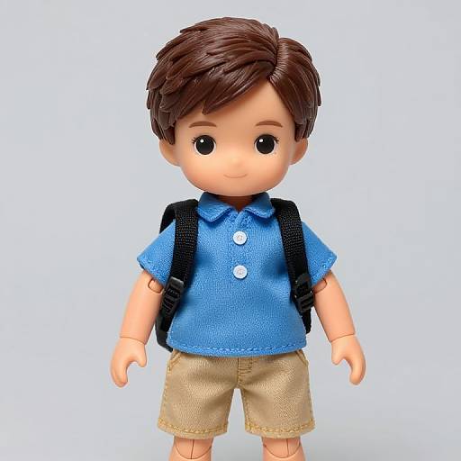 Photograph of a 3D CGI child doll with brown hair, blue polo shirt, beige shorts, white buttons, black backpack, and smiling face
