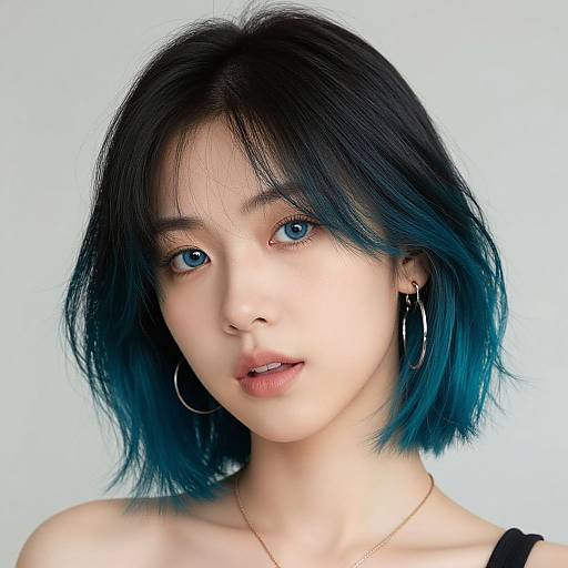 Photorealistic portrait of a young Asian woman with blue-black shoulder-length hair, blue eyes, wearing silver hoop earrings, and a black strap top,
