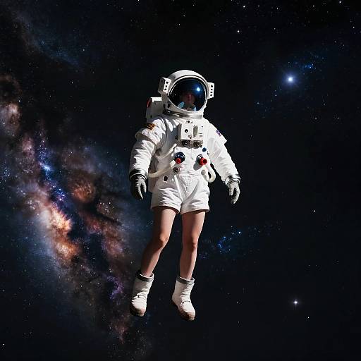 Photograph of an astronaut in a white spacesuit with a reflective helmet, floating in space, surrounded by a starry background and colorful nebula.