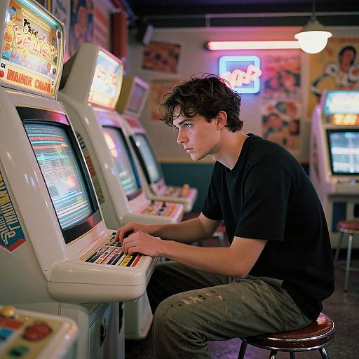 Photograph of a young man with curly brown hair, wearing a black t-shirt and worn jeans, playing vintage arcade machines in a brightly lit, colorful