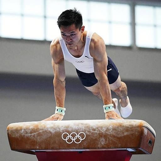 Photograph of a muscular male gymnast in white tank top and black shorts, gripping a worn brown vault with Olympic rings, mid-air in an indoor