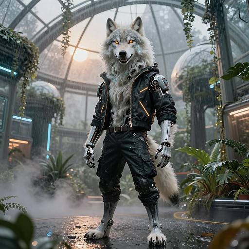 Cybernetic Fenrir Wolf in Cyberpunk Greenhouse