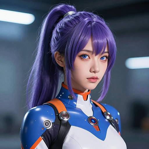 Digital art of an anime-style woman with purple hair in a ponytail, wearing a futuristic blue and white bodysuit, with orange accents, set