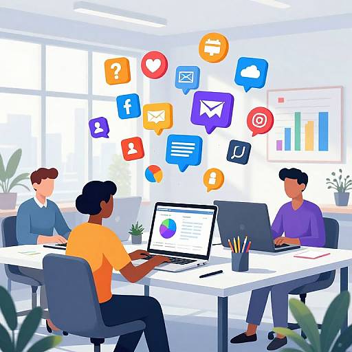 Illustration of three diverse office workers with laptops, surrounded by colorful app icons, in a bright modern office with large windows.