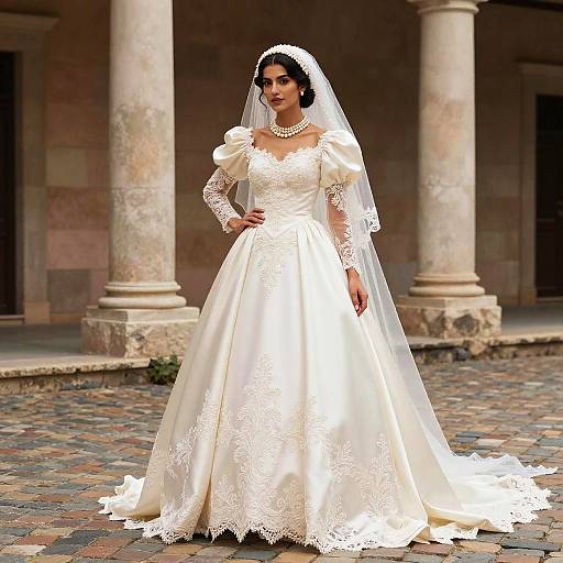 Photograph of a beautiful South Asian bride in a white lace and satin wedding gown, pearl necklace, and veil, standing in front of a historic stone