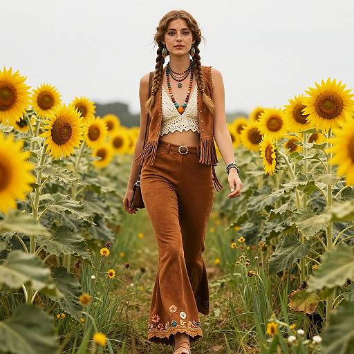 70s Flower Child in Sunflower Meadow