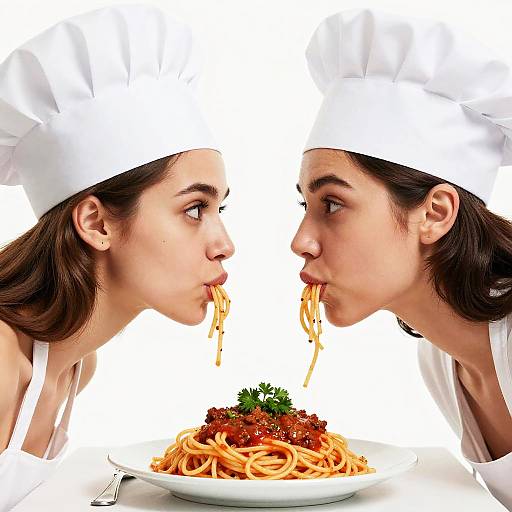 Photograph of two female chefs in white hats, facing each other, eating spaghetti with their mouths open, against a white background.