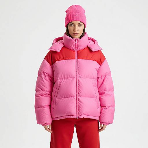 Photograph of a woman in a bright pink puffer jacket, matching pink beanie, and red pants, standing against a white background.