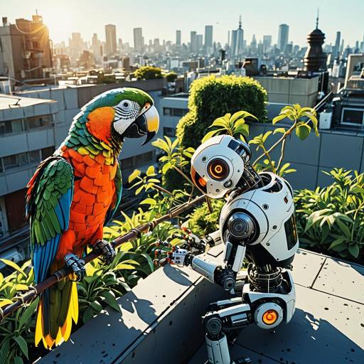 Cyborg and Parrot on Rooftop Garden