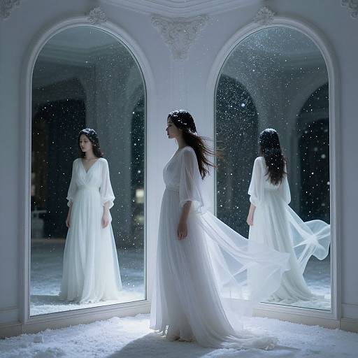 Photograph of a woman in a flowing white gown, standing before two arched mirrors, her reflection shimmering in a snowy, ethereal room.