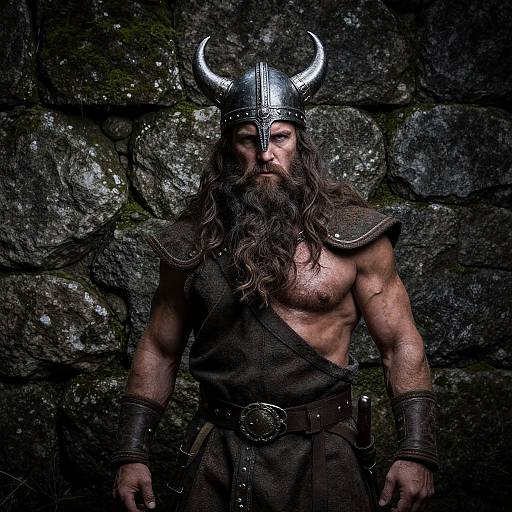 Photograph of a muscular, bearded Viking warrior with long hair, wearing a horned helmet, dark armor, and leather belt, standing against a
