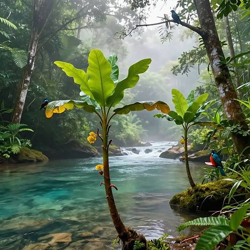 Photograph of a lush, misty jungle stream with large green banana leaves, yellow flowers, and a small, colorful bird perched on a branch