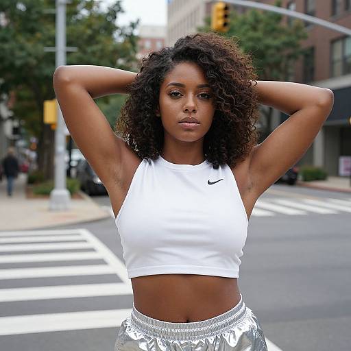 Photograph of a confident, curly-haired Black woman with medium brown skin, wearing a white Nike sports bra and silver shorts, standing with arms raised on