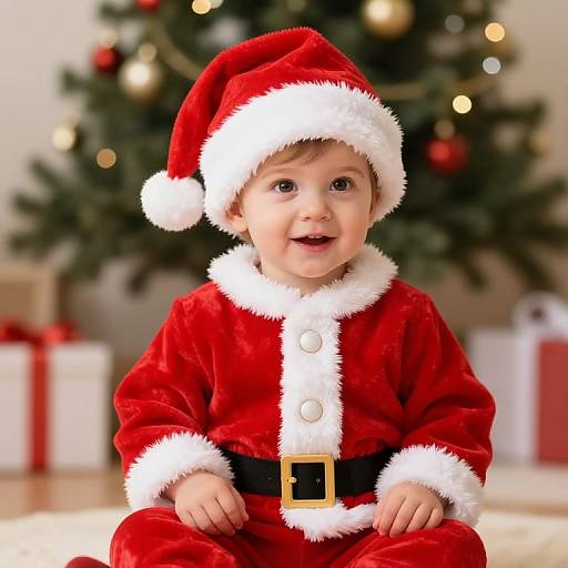 Photograph of a smiling baby in a red Santa outfit with white trim, black belt, and Santa hat, in front of a blurred Christmas tree and