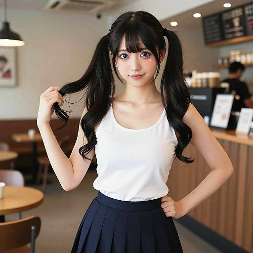 Photograph of a cute Asian woman with long black pigtails, wearing a white tank top and black skirt, standing in a cozy café.