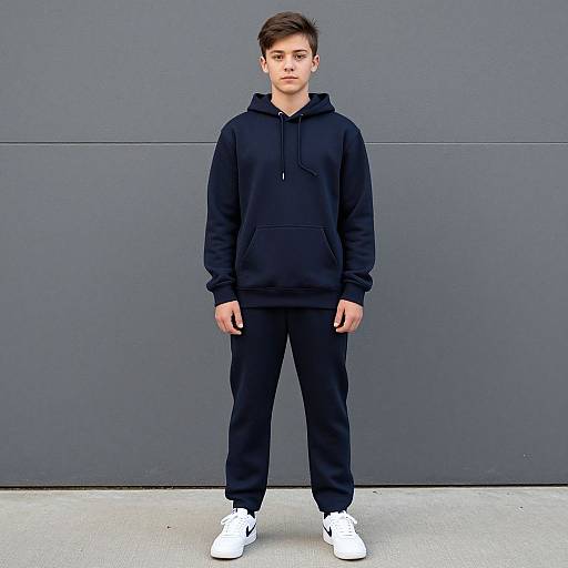 Photograph of a young man with short brown hair, wearing a black hoodie, black pants, and white sneakers, standing against a gray wall.
