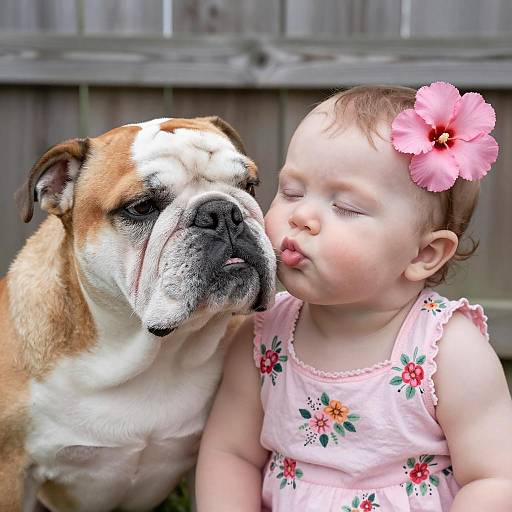 Bulldog Puppy and Baby Sharing a Tender Moment