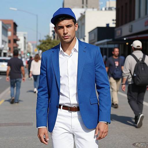 Photograph of a handsome man with olive skin and dark hair, wearing a blue blazer, white shirt, white pants, and blue cap, walking