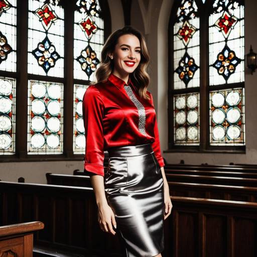 Confident Woman in Red and Silver Outfit in Chapel