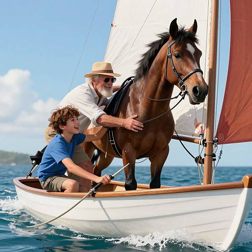 Photograph of an elderly man and young boy sailing a small boat with a brown horse on the deck, blue sky background.