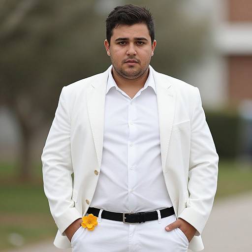 Photograph of a handsome, dark-haired man in a crisp white suit with a yellow flower in his black belt, standing confidently outdoors.