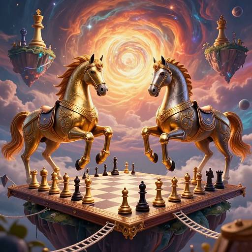 Digital art of two golden, ornate horses rearing on a floating chessboard, surrounded by swirling clouds and floating islands, under a radiant sun.