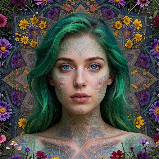 Digital artwork of a woman with green hair, blue eyes, and intricate face and neck tattoos, surrounded by colorful flowers and mandala patterns.