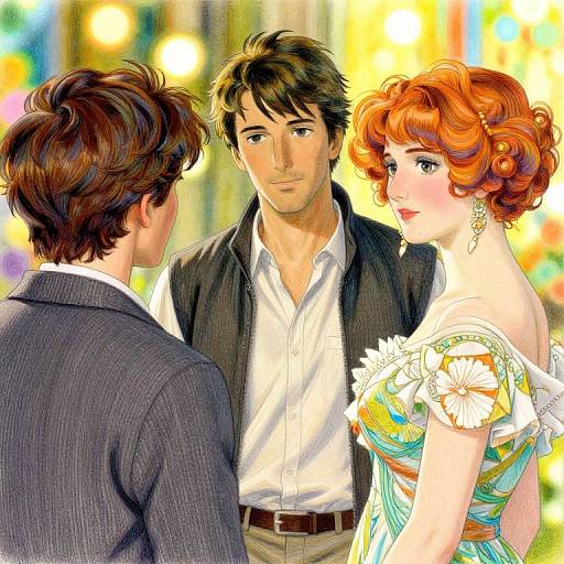 Digital anime-style illustration of a handsome man in a black blazer, white shirt, and a red-haired woman in a floral dress, facing a man