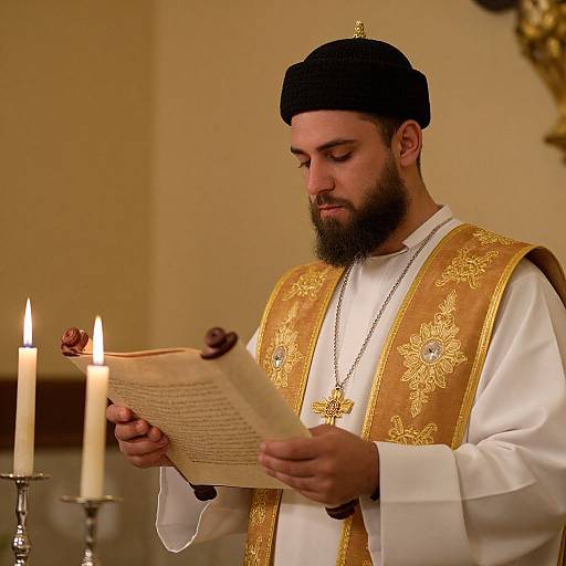 Photograph of a bearded priest with black cap, golden vest, white robe, reading from a book, candles lit beside him.