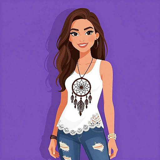 Digital illustration of a smiling woman with long brown hair, wearing a white tank top with dreamcatcher design, blue ripped jeans, hoop earrings, and