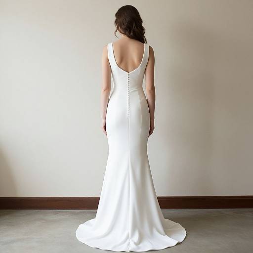 Photograph of a woman with dark hair in a white, backless, sleeveless wedding dress, standing with her back to the camera against a plain