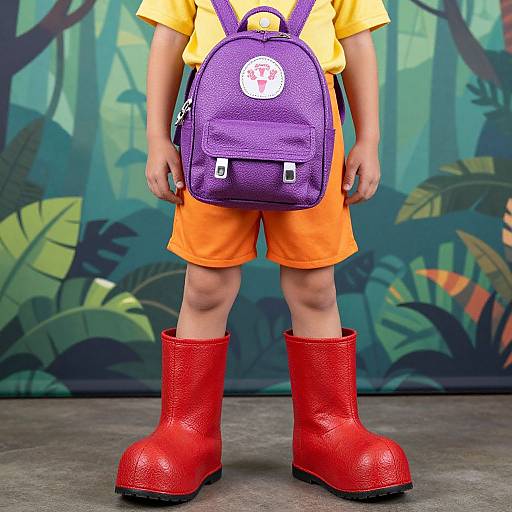 Photograph of a child in bright orange shorts, yellow shirt, purple backpack, and red textured boots, standing against a jungle-themed background.