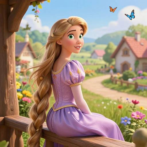 Digital illustration of Rapunzel from Frozen, with long blonde braid, purple dress, sitting on wooden bench, colorful village background, butterflies flying.