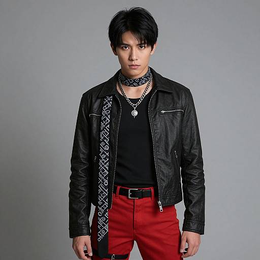 Photograph of an Asian man with short black hair, wearing a black leather jacket, black shirt, red pants, black and white patterned scarf,